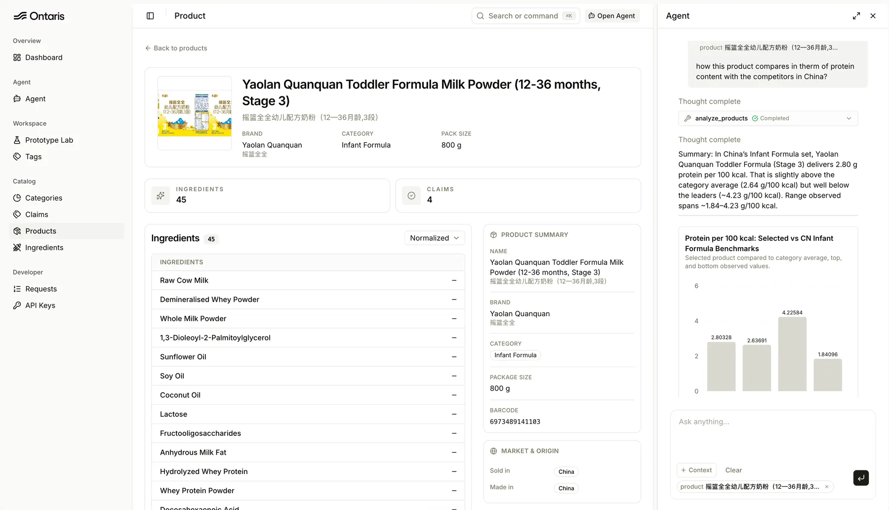 Ontaris product intelligence interface with agent analysis
